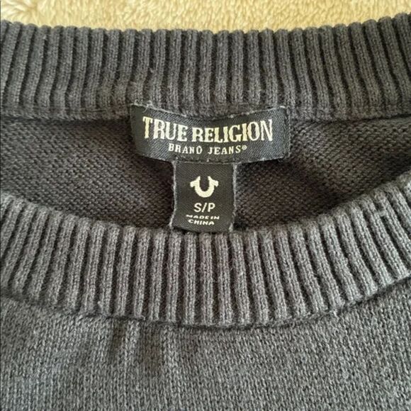 True Religion Sweater Size S Navy Cropped Crew Neck Pullover Streetwear Urban - Picture 6 of 9